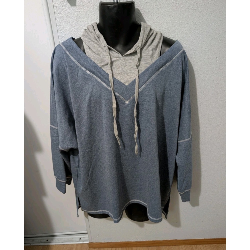 Suzanne Betro SIMPLE Layered Hoodie Top 4X Blue Gray Colorblock V Neck Tunic NWT